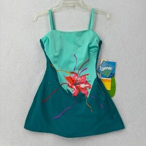 VTG Robby Len One Piece Swimsuit Dress Mod 60s 70s‎ Pin Up Floral Green 13/14